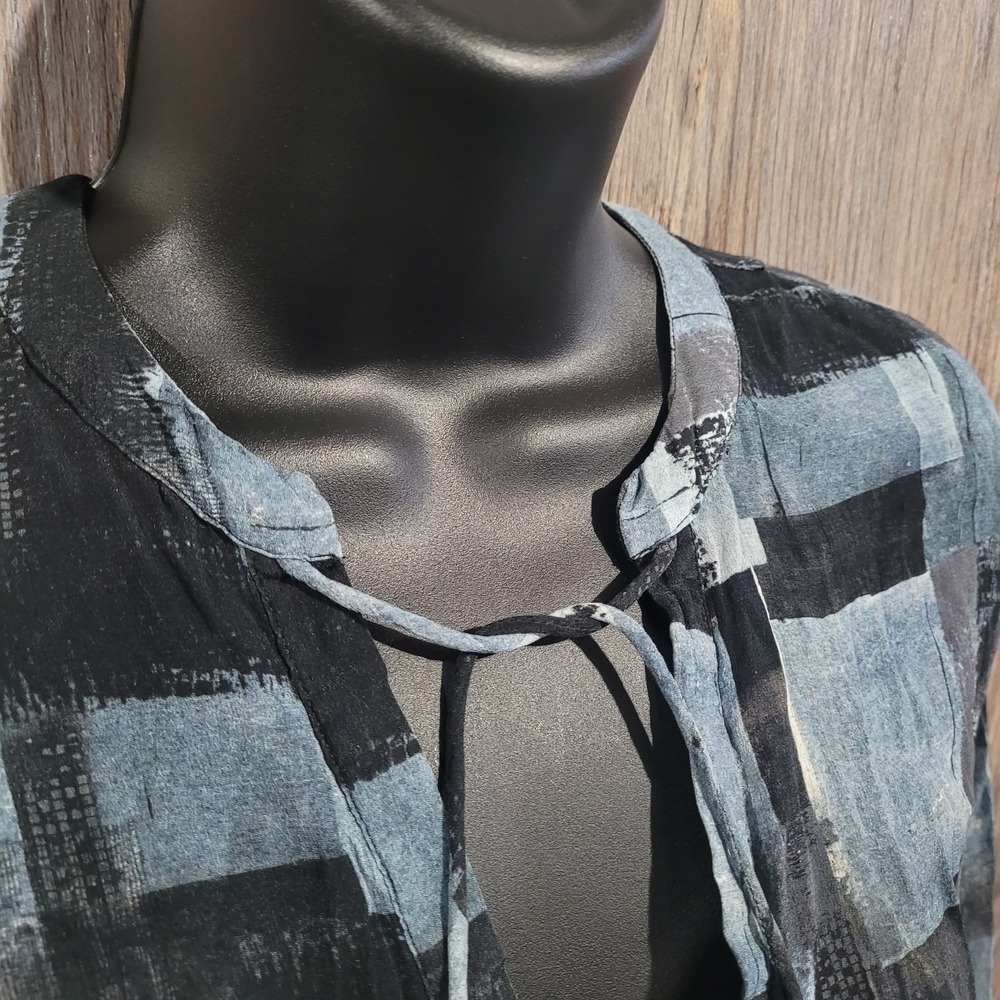 APNY Abstract SemiSheer Blouse Lg Muted Blue/Black Tasseled Popover Lightweight - Picture 3 of 10